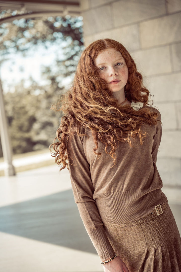 top l/s ruffled collar knit sweater - mocha