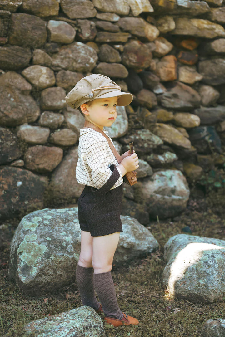 set outfit wool overall with plaid shirt - brown