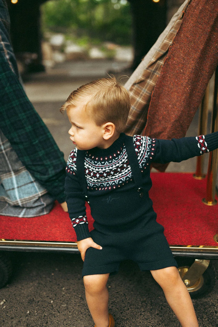 one piece knit gold button short overalls - navy blue