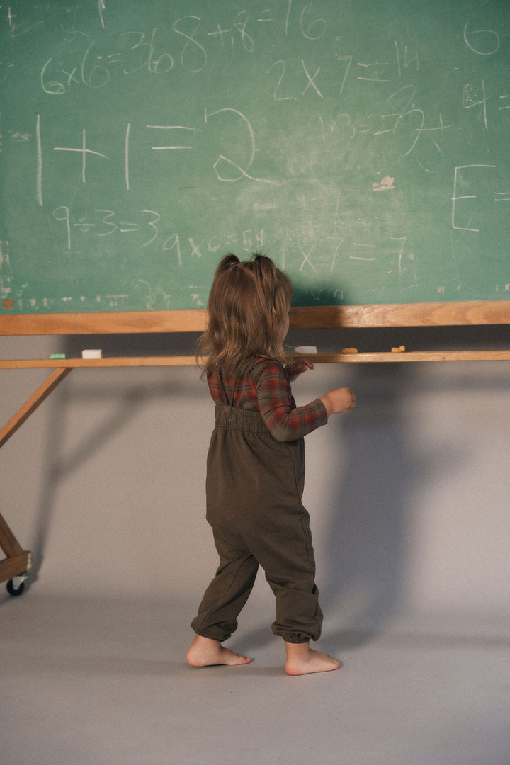 set outfit plaid onesie and rouched romper - olive