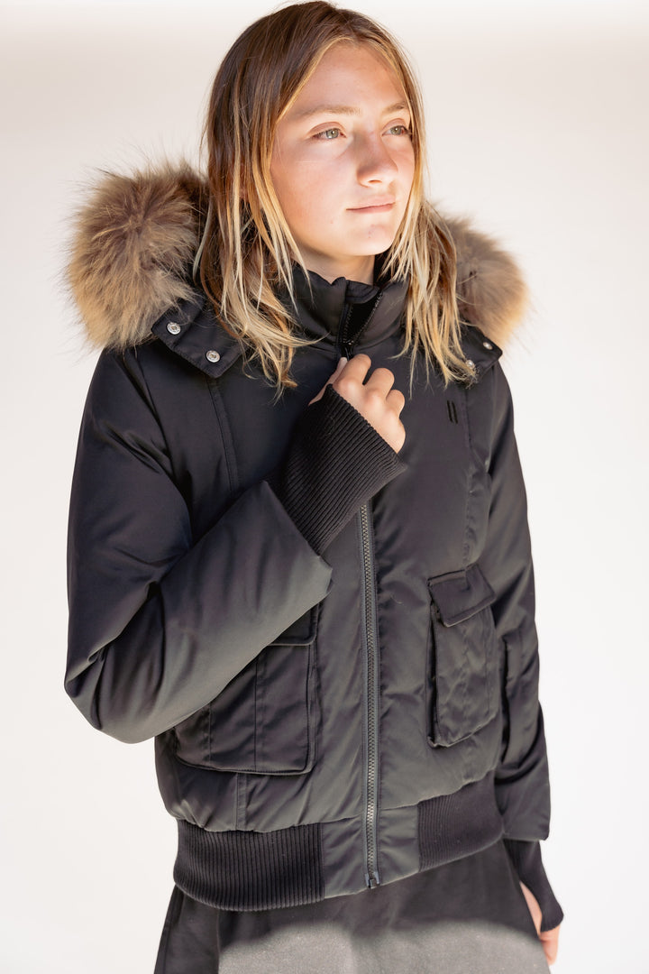 coat matte pockets with removable fur - black