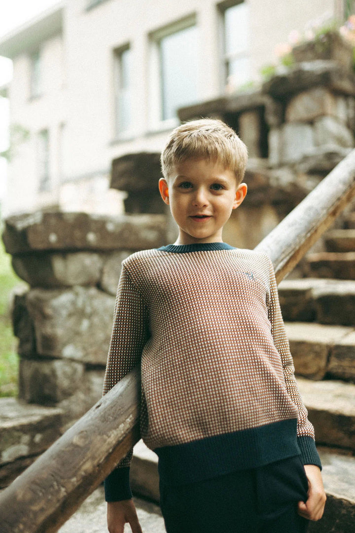 top l/s textured knit sweater - brown/navy patterned
