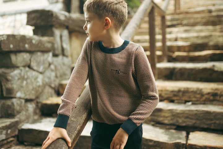 top l/s textured knit sweater - brown/navy patterned