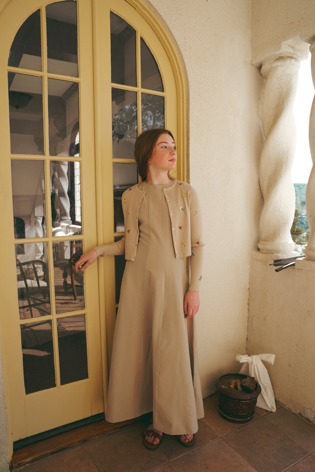 dress panel cotton jumper with embroidered cropped cardigan - tan