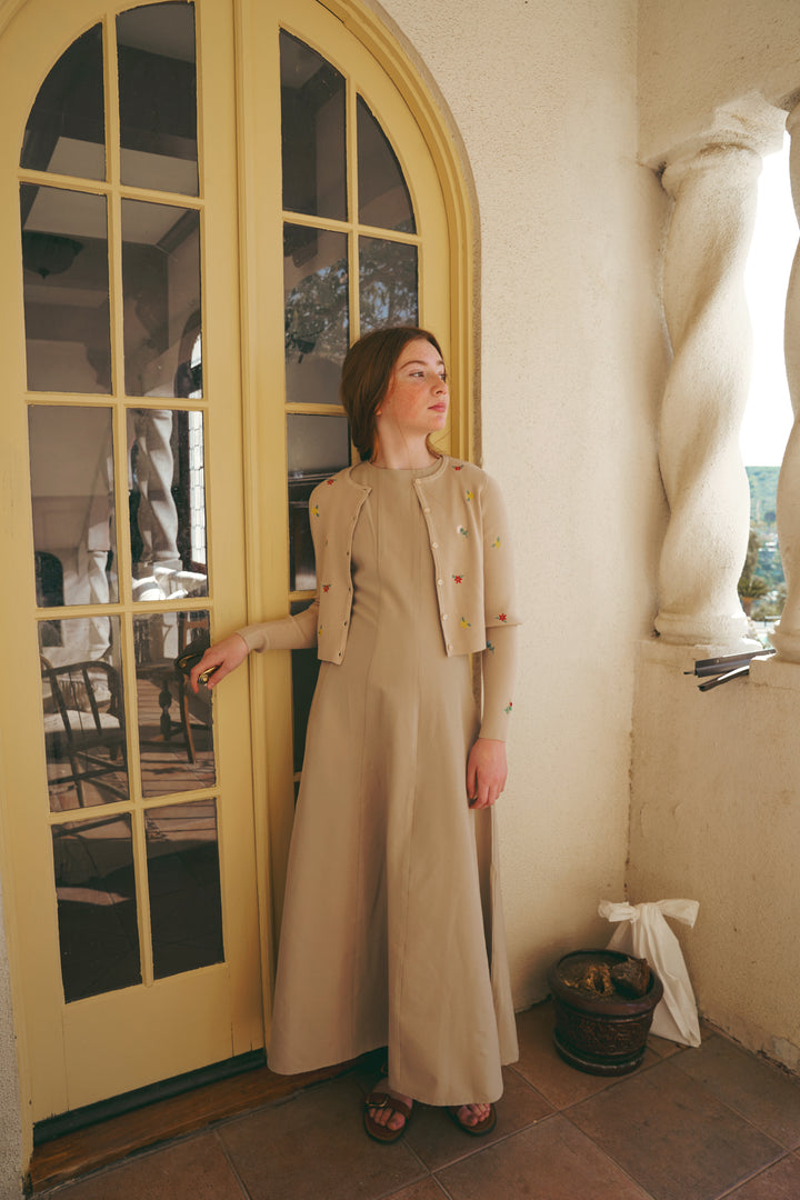dress panel cotton jumper with embroidered cropped cardigan - tan