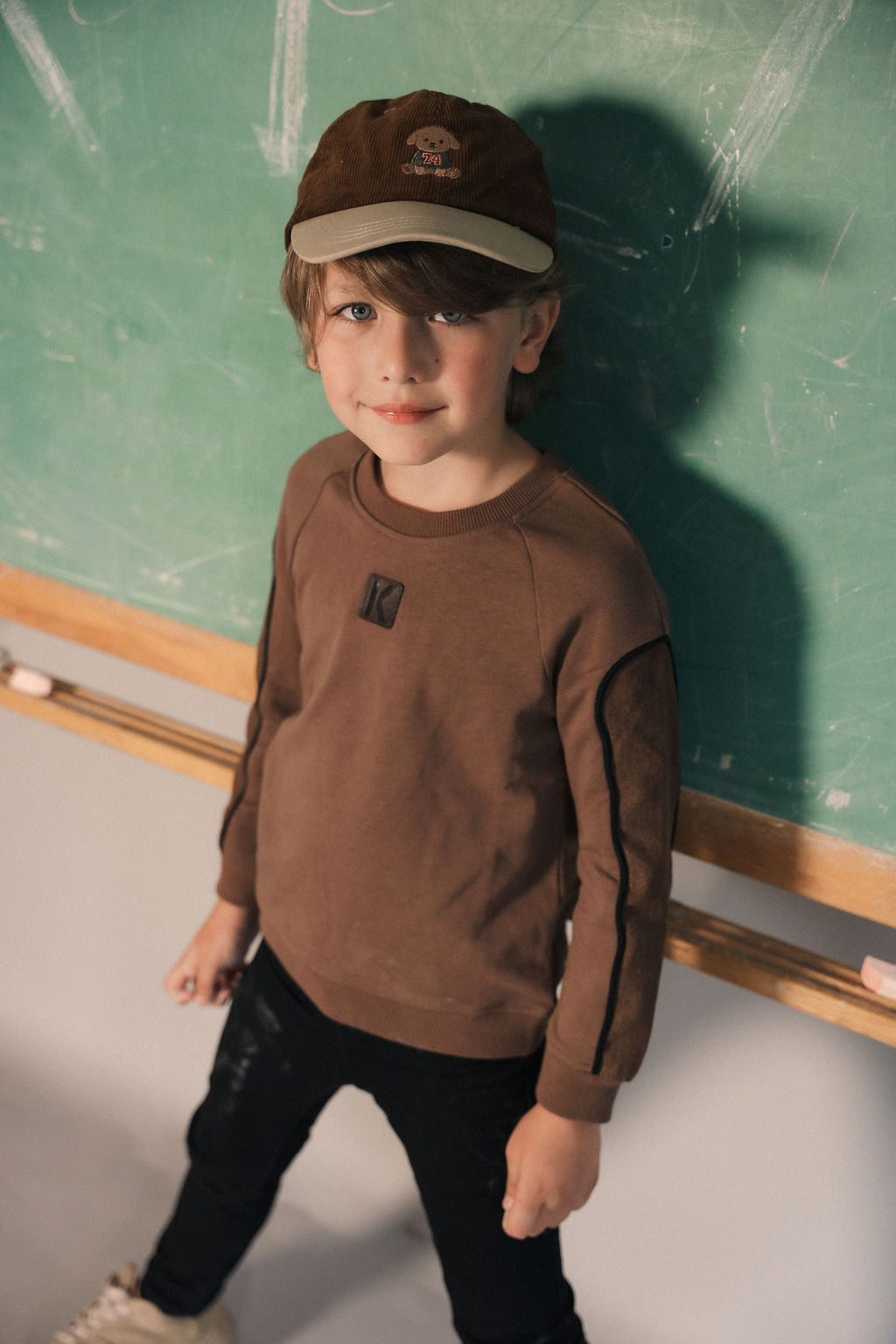 top l/s denim detail sweatshirt - brown