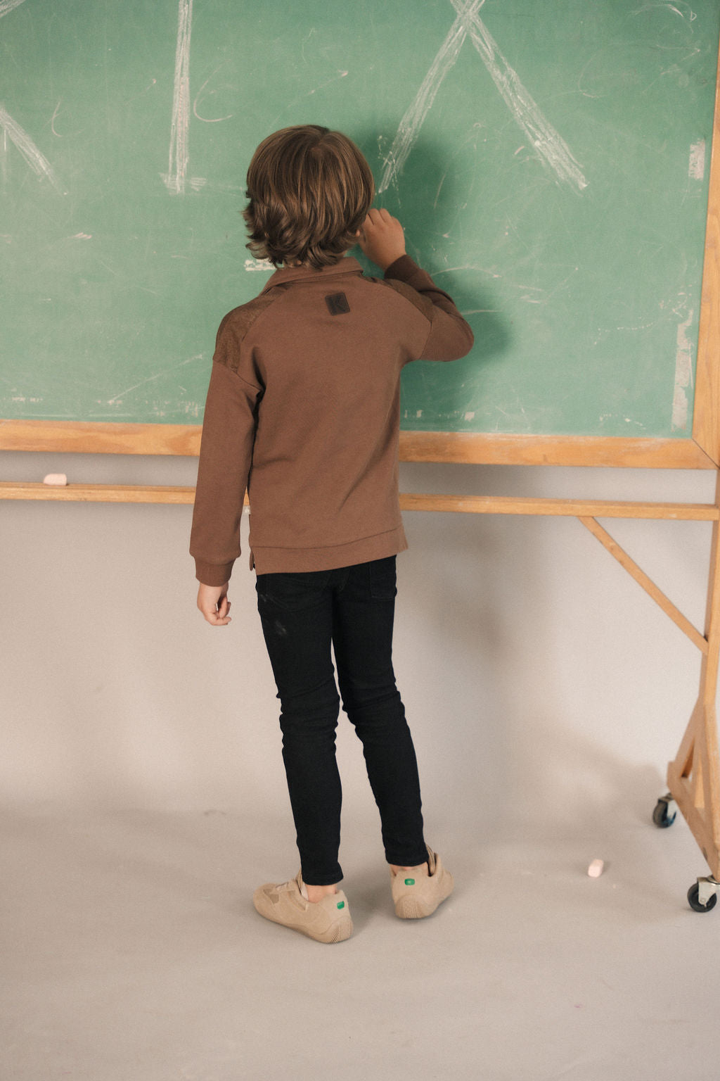 top l/s denim detail sweatshirt - brown