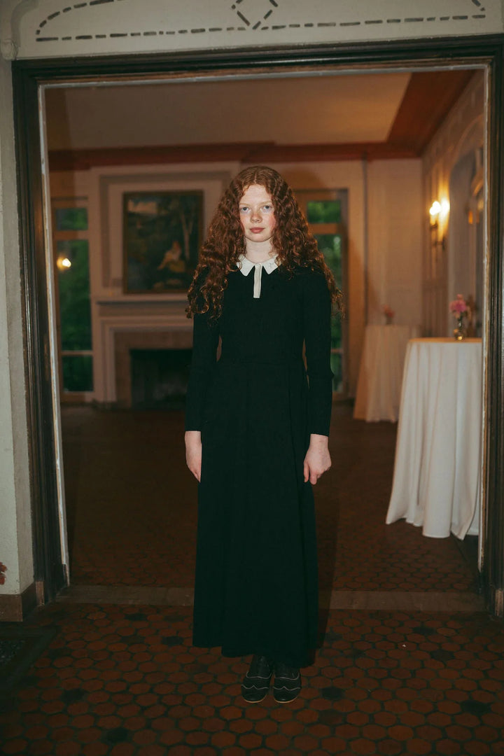maxi dress rib knit contrast collar - black