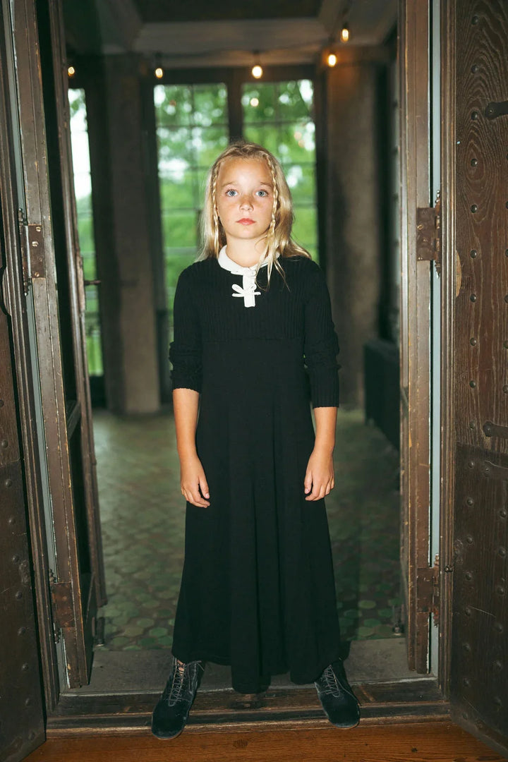 maxi dress rib knit contrast collar bow detail - black