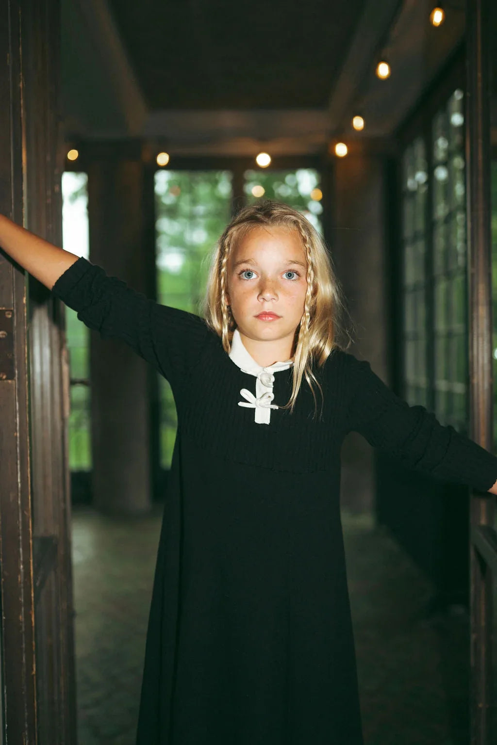 maxi dress rib knit contrast collar bow detail - black