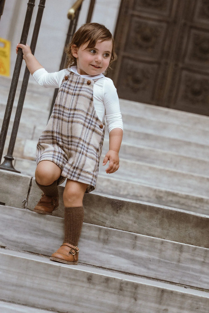 one piece plaid short overalls - blue plaid