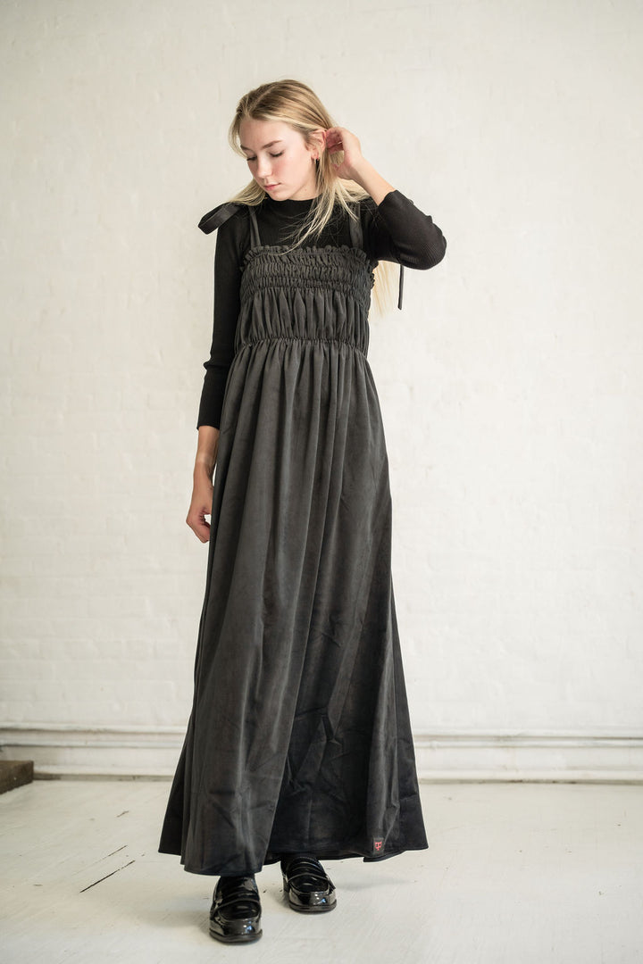 maxi dress velour gathered - black-1