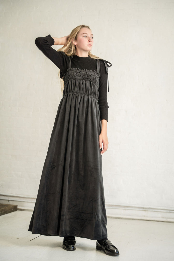 maxi dress velour gathered - black-1