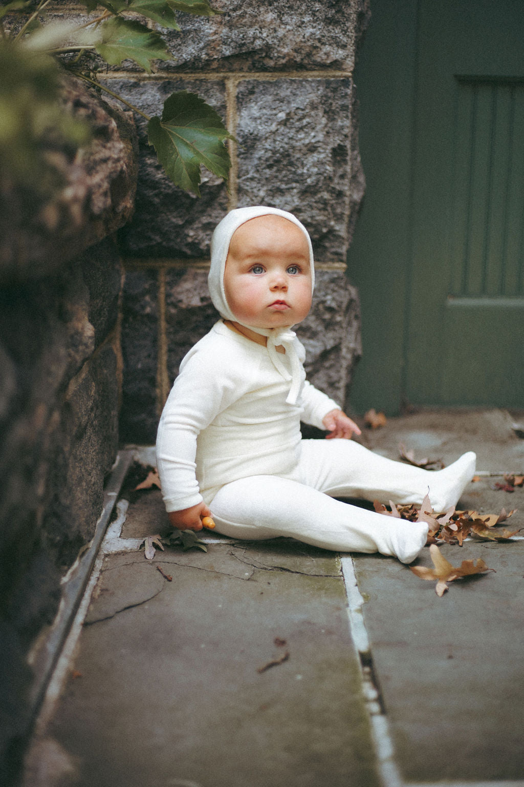 set knit velour 3 piece onesie pants and bonnet - cream