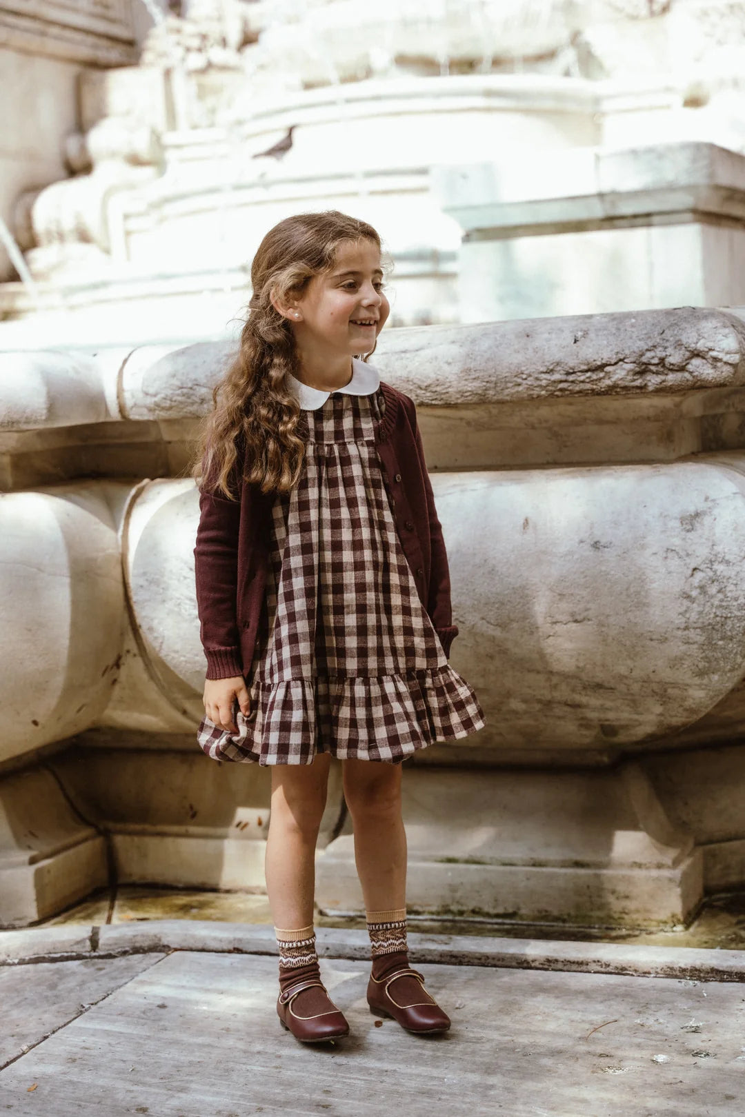 dress gingham tiered with peter pan collar - burgundy