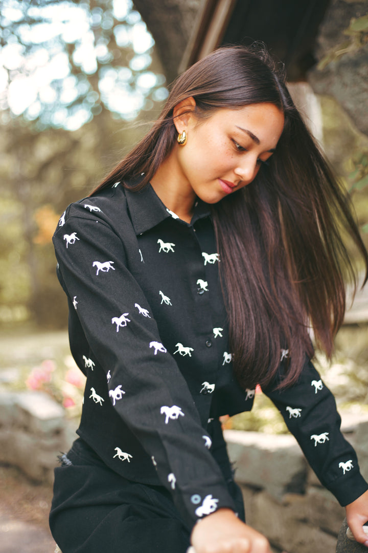 shirt l/s denim horse print - black