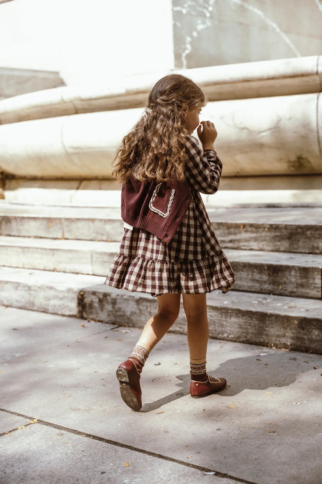 dress gingham tiered with peter pan collar - burgundy