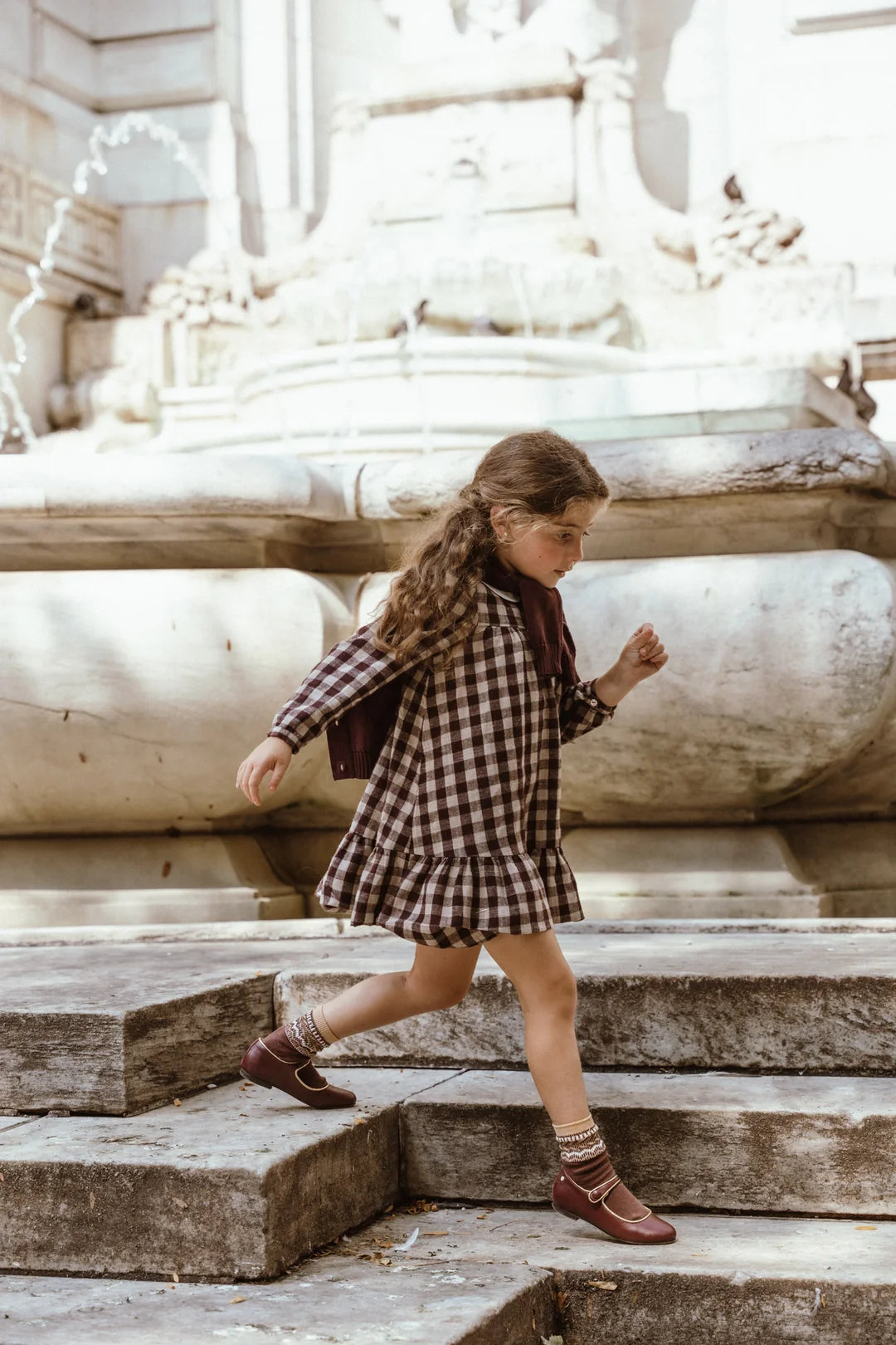 dress gingham tiered with peter pan collar - burgundy