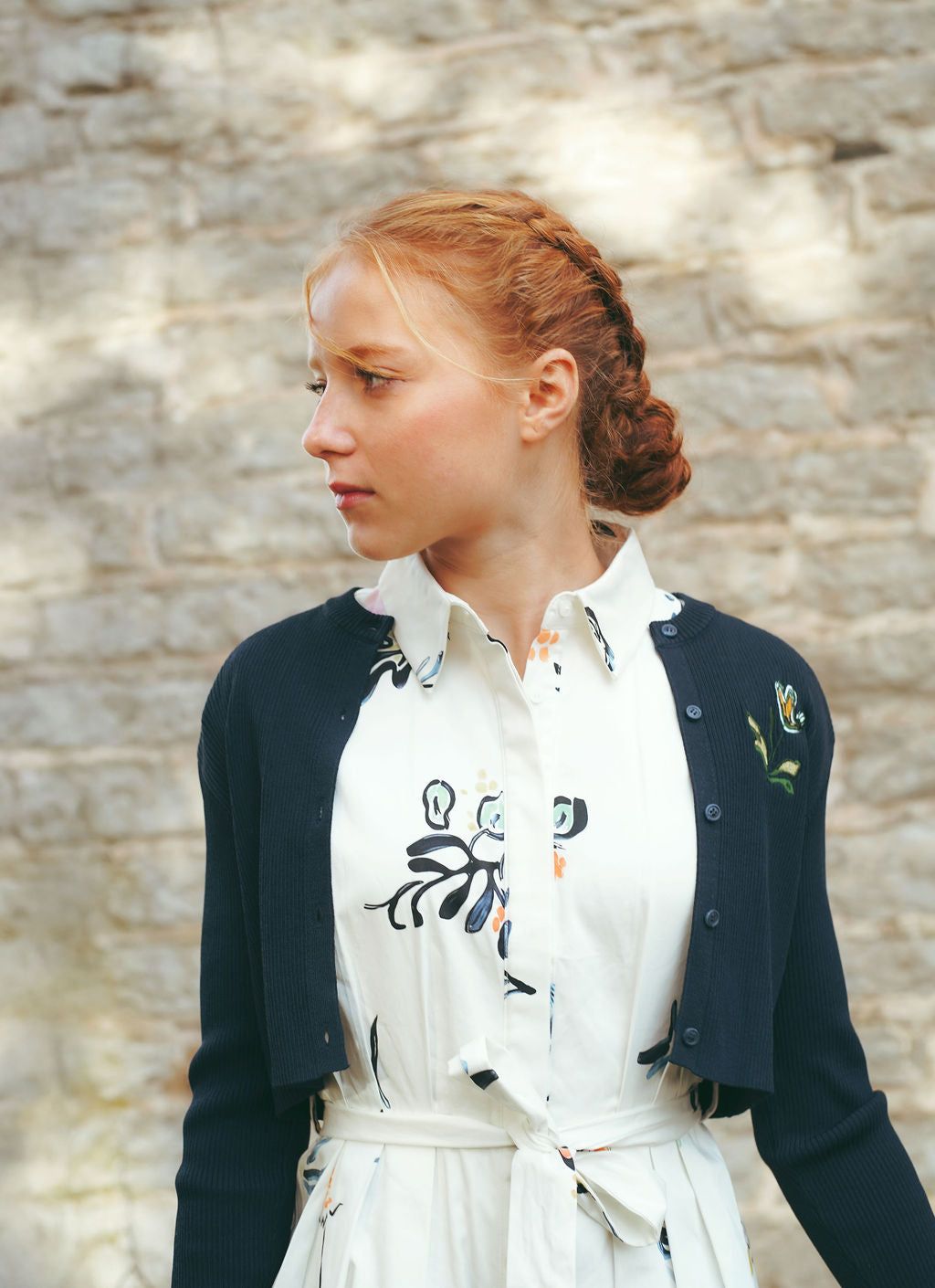 dress printed button down waist tie with cardigan - white/navy