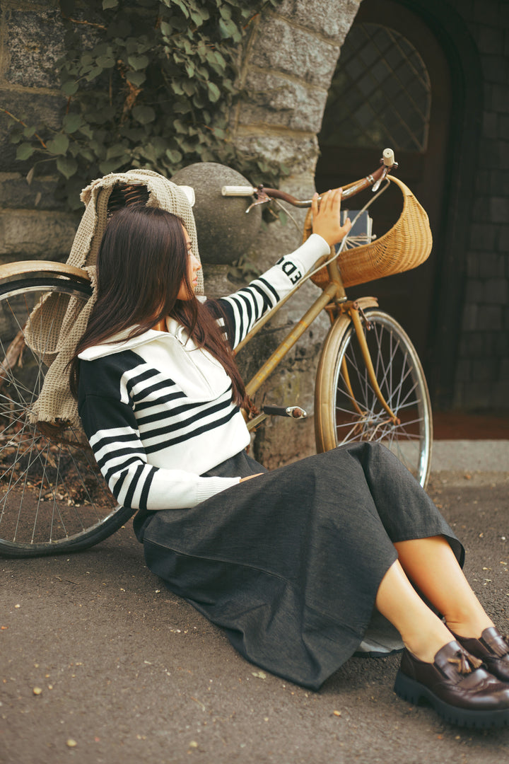 top l/s striped half zip sweater - black/white