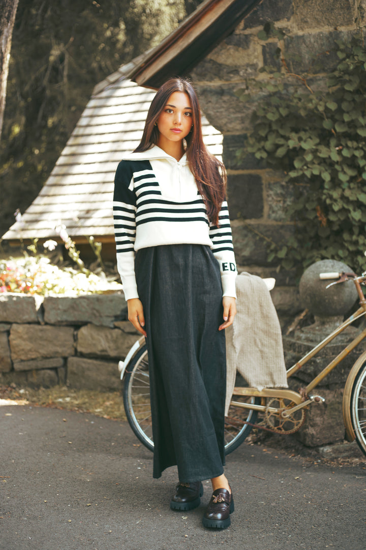 top l/s striped half zip sweater - black/white