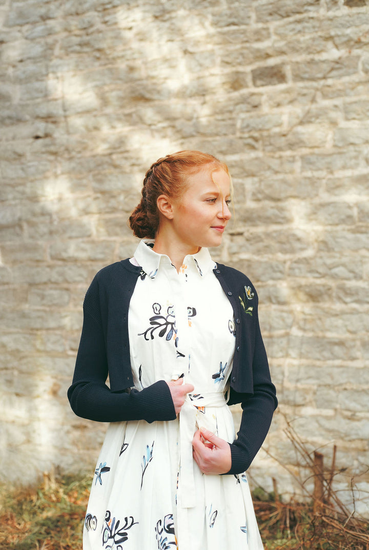 dress printed button down waist tie with cardigan - white/navy