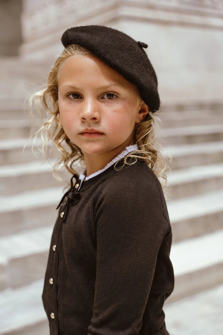 top l/s knit ribbon cardigan with frill neck trim - black
