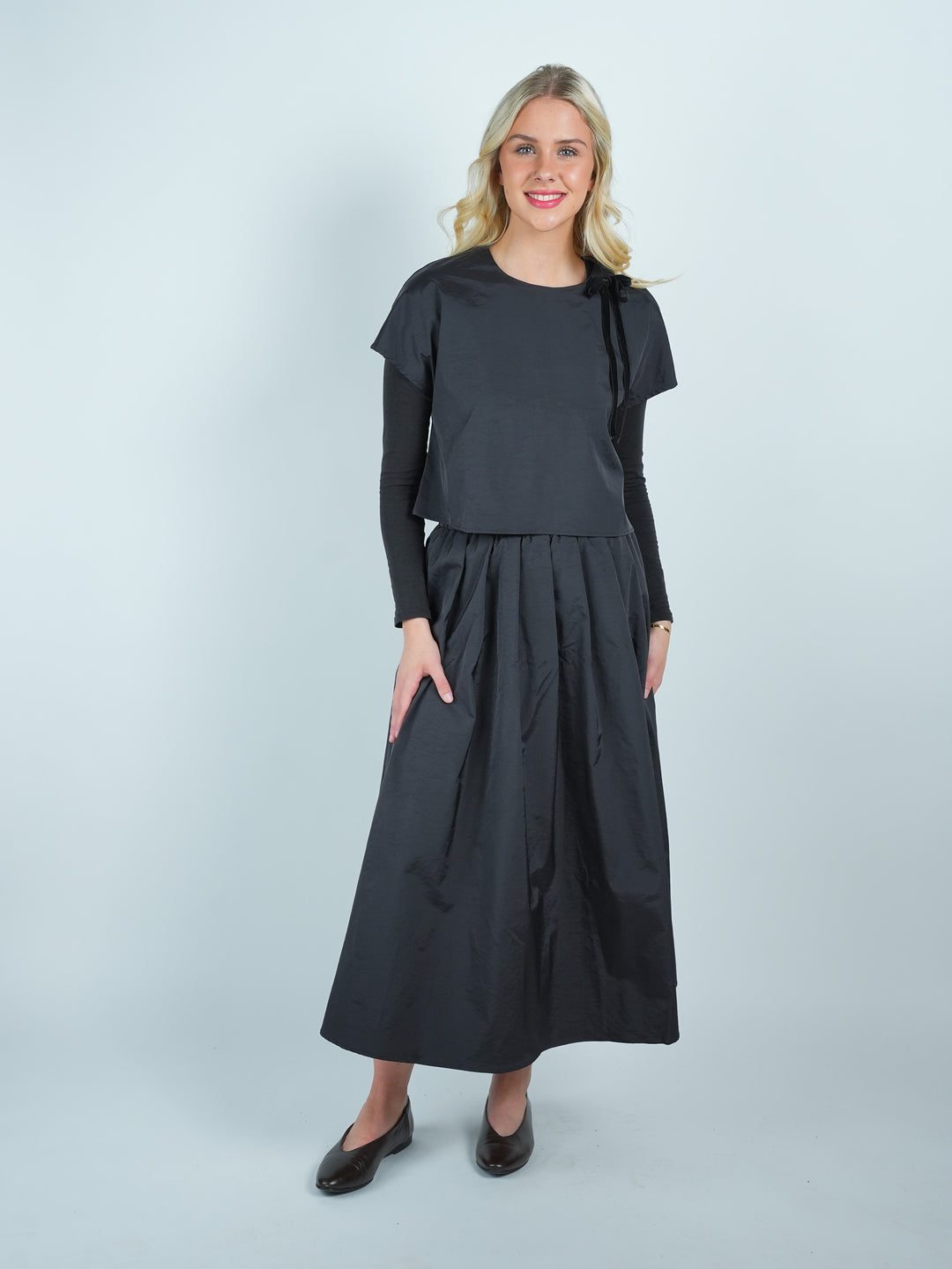 set outfit taffeta velvet bow top and skirt - black