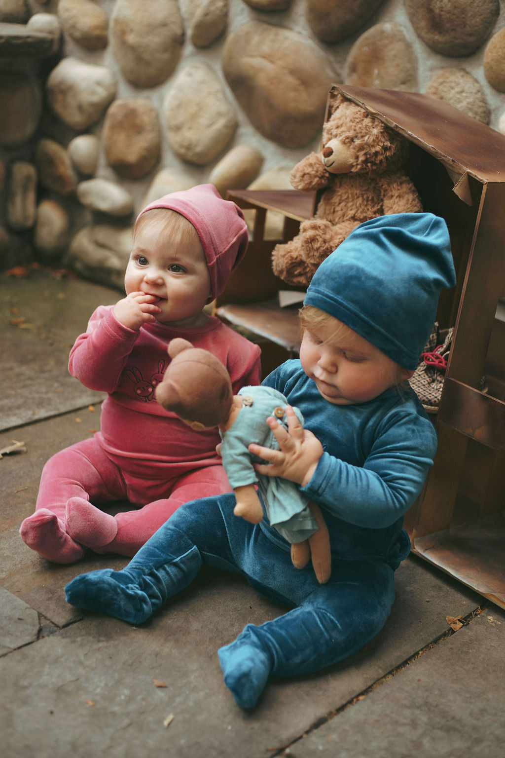 footie velour rabbit with beanie - deep mauve