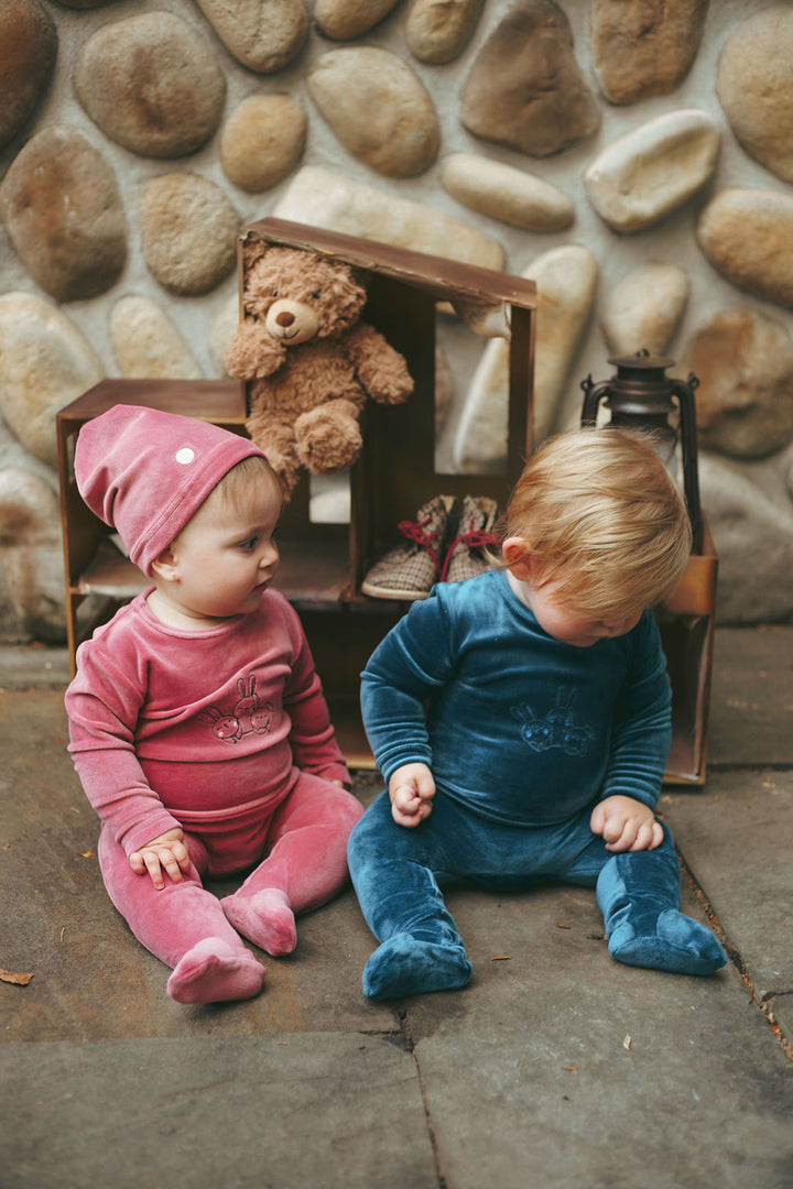 footie velour rabbit with beanie - deep mauve