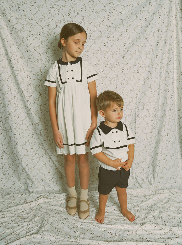 dress 3/4 sleeves sailor style with collar - ivory