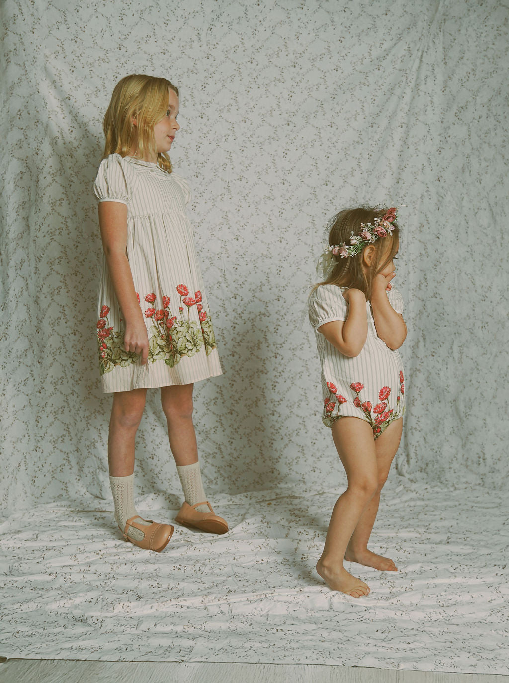 dress 3/4 sleeves striped floral bottom with collar - white/tan