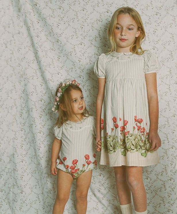 one piece striped floral bottom romper with collar - white/tan