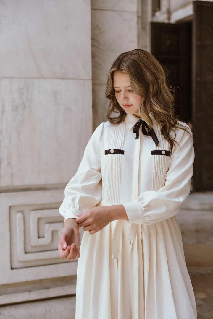 dress pleated bow detail shirt style - cream