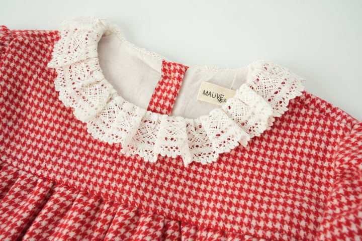 houndstooth dress with ruffle collar - red houndstooth