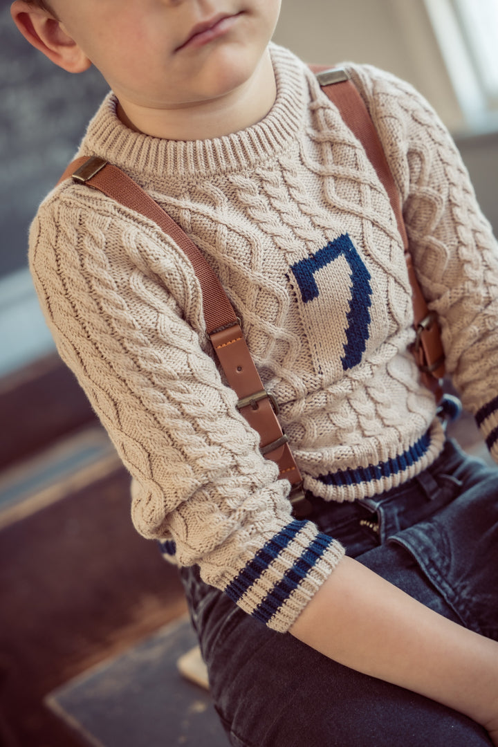 top l/s cable knit varsity sweater - tan