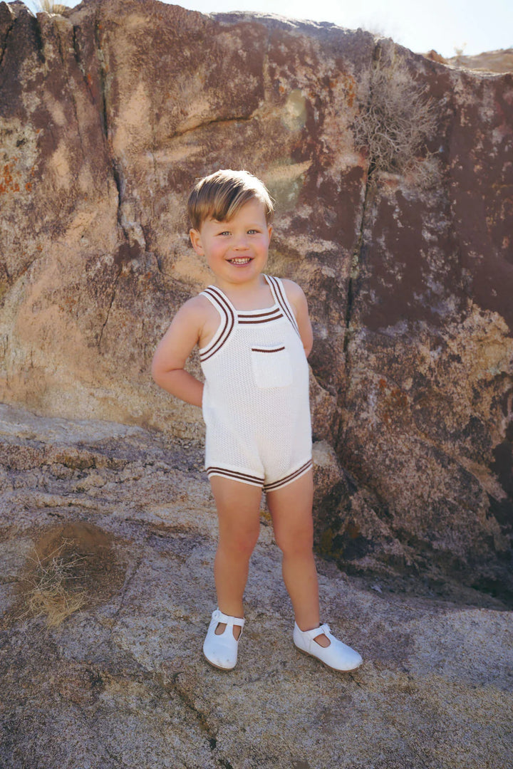 one piece mesh striped trim romper - cream