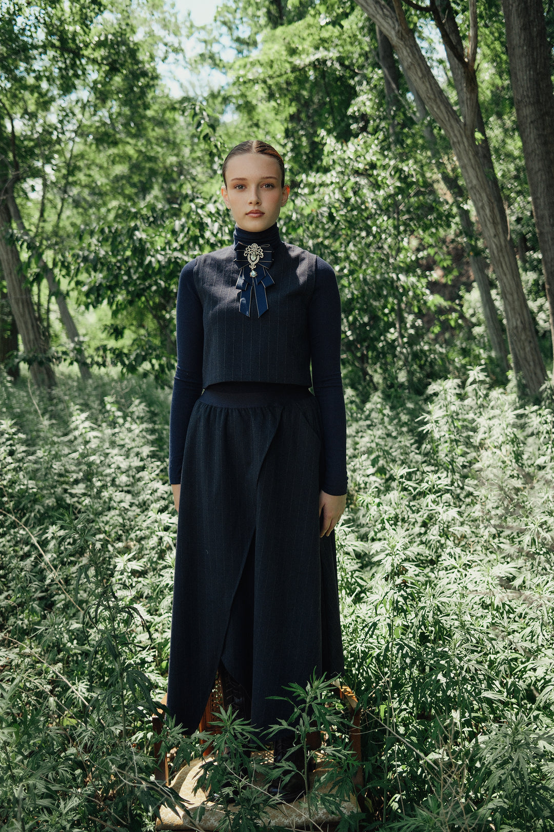 skirt midi wool pinstriped wrap look - navy