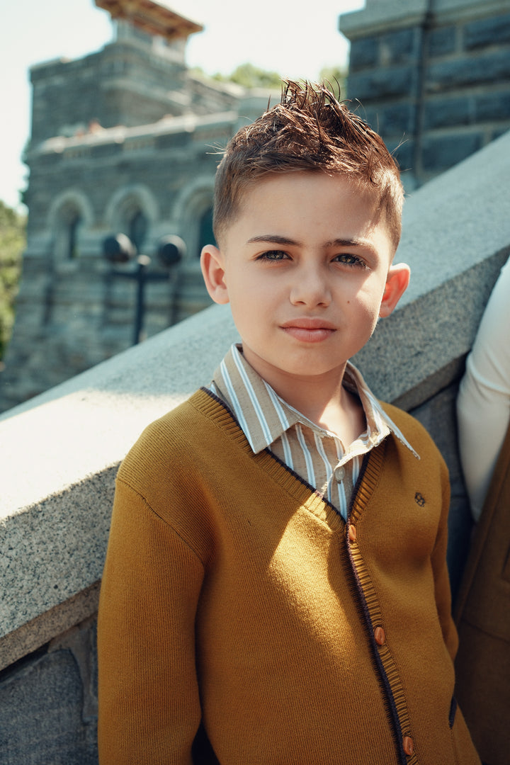 top l/s contrast trim v cardigan - mustard