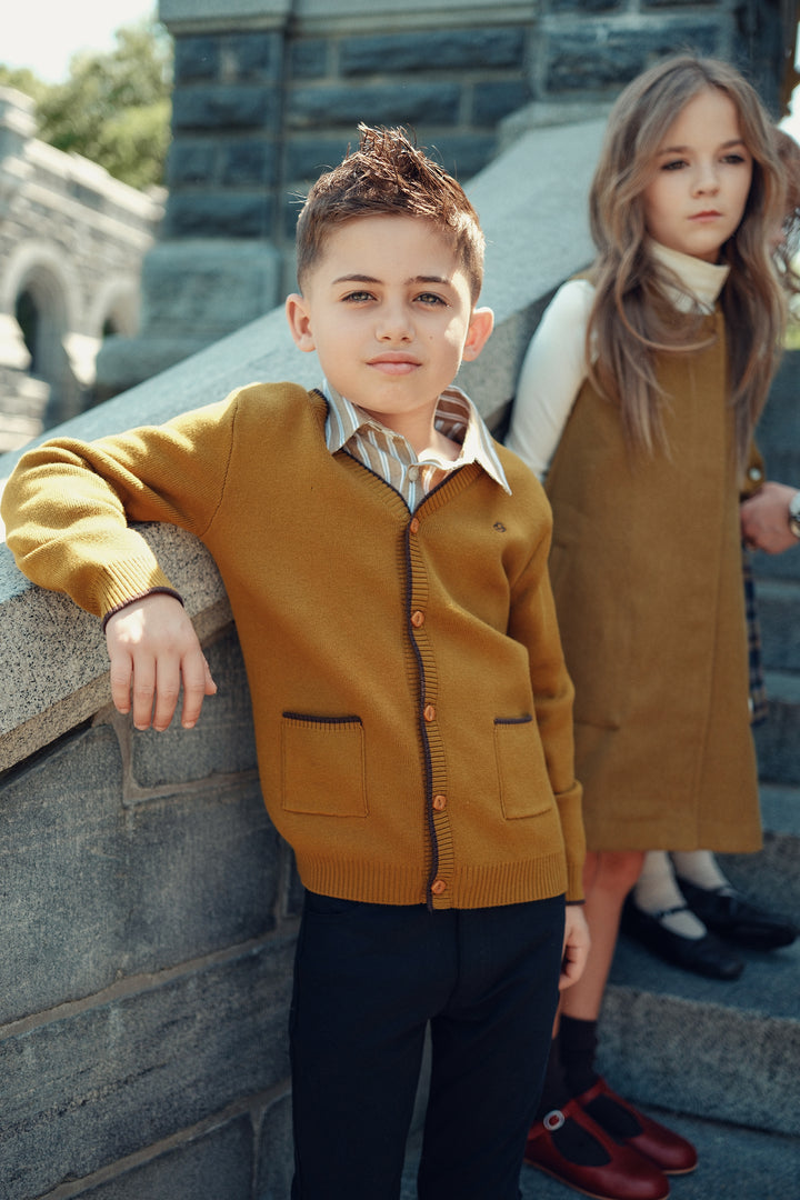 top l/s contrast trim v cardigan - mustard