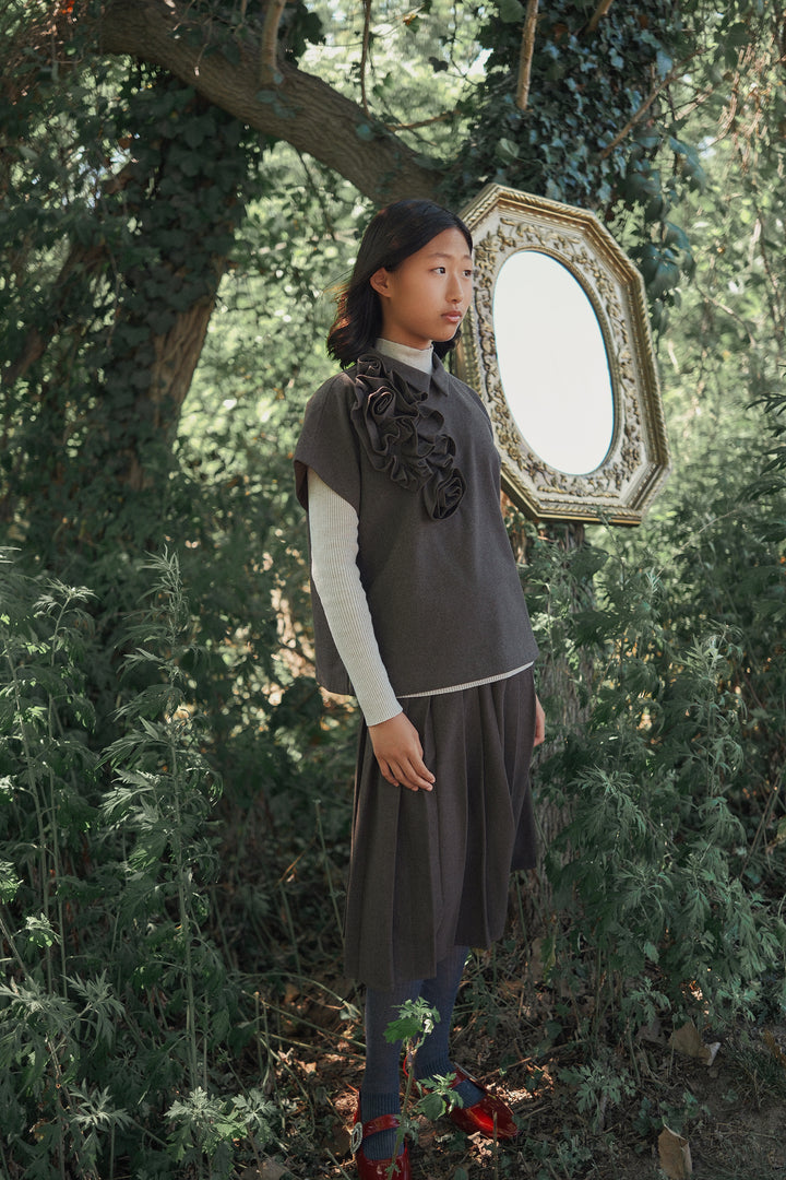 vest cropped wool flower detail with collar - brown