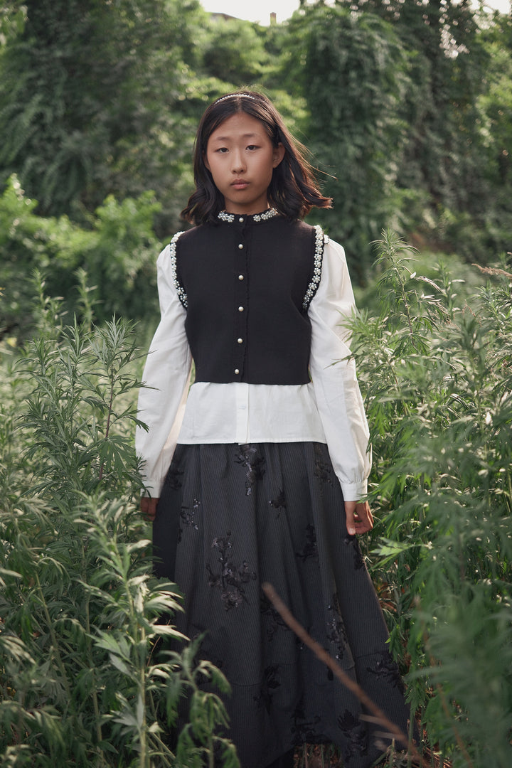 vest knit pearl trim button up - black