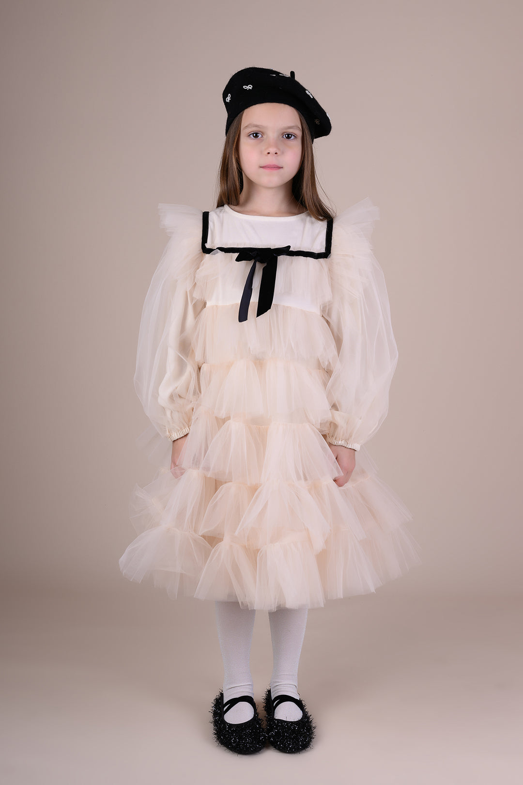 dress tulle layered with velvet trim bib design with bow - ecru