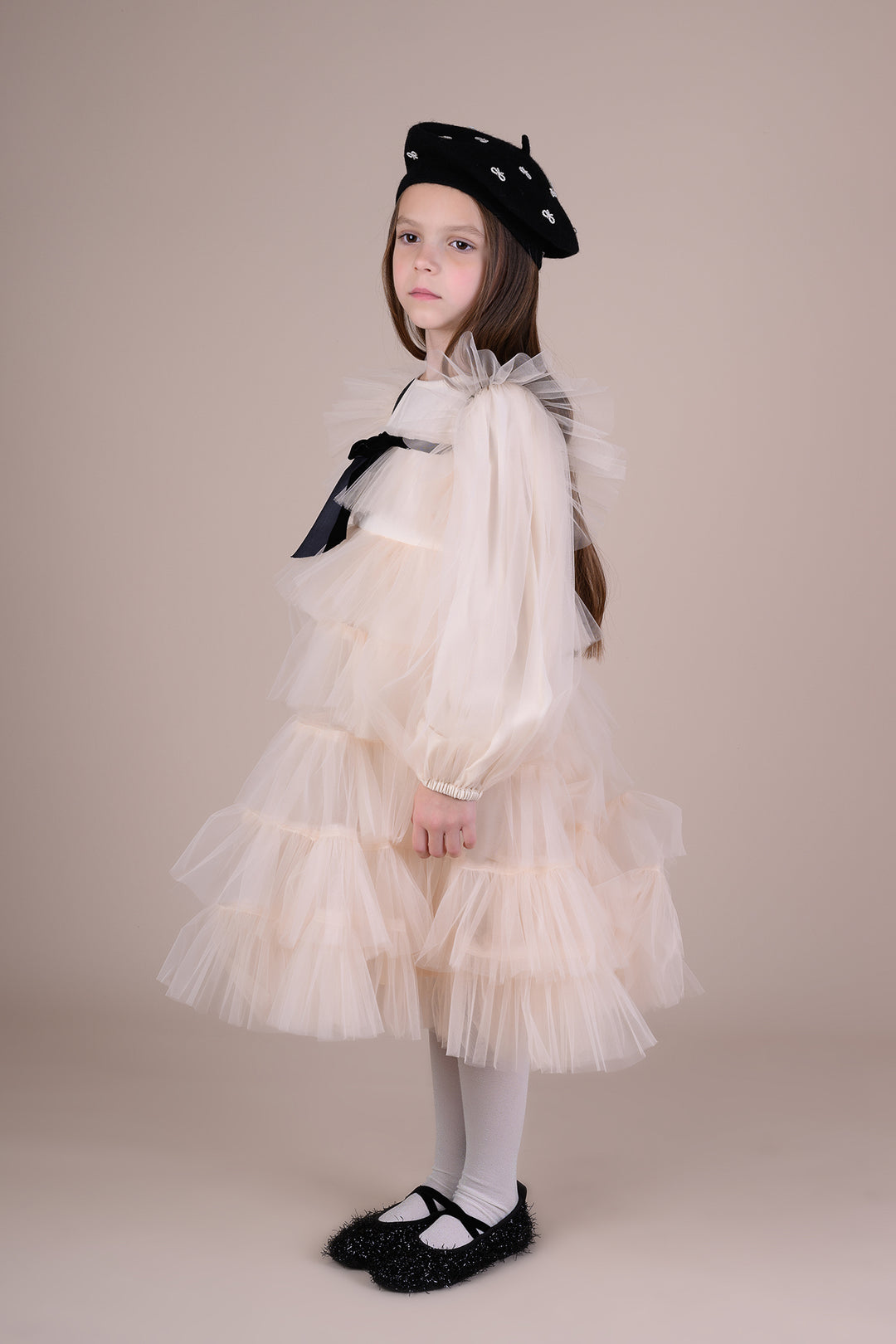 dress tulle layered with velvet trim bib design with bow - ecru