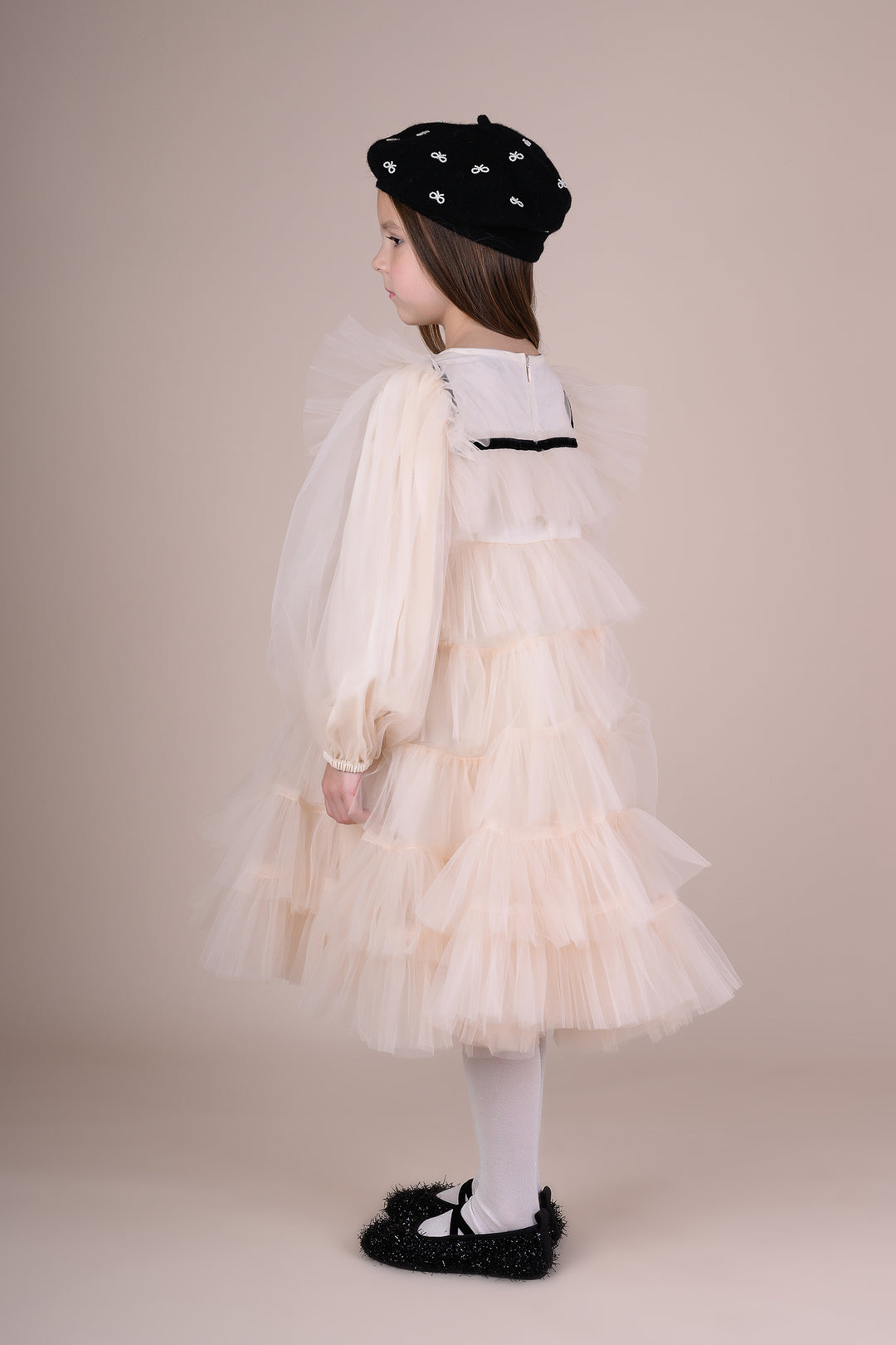 dress tulle layered with velvet trim bib design with bow - ecru