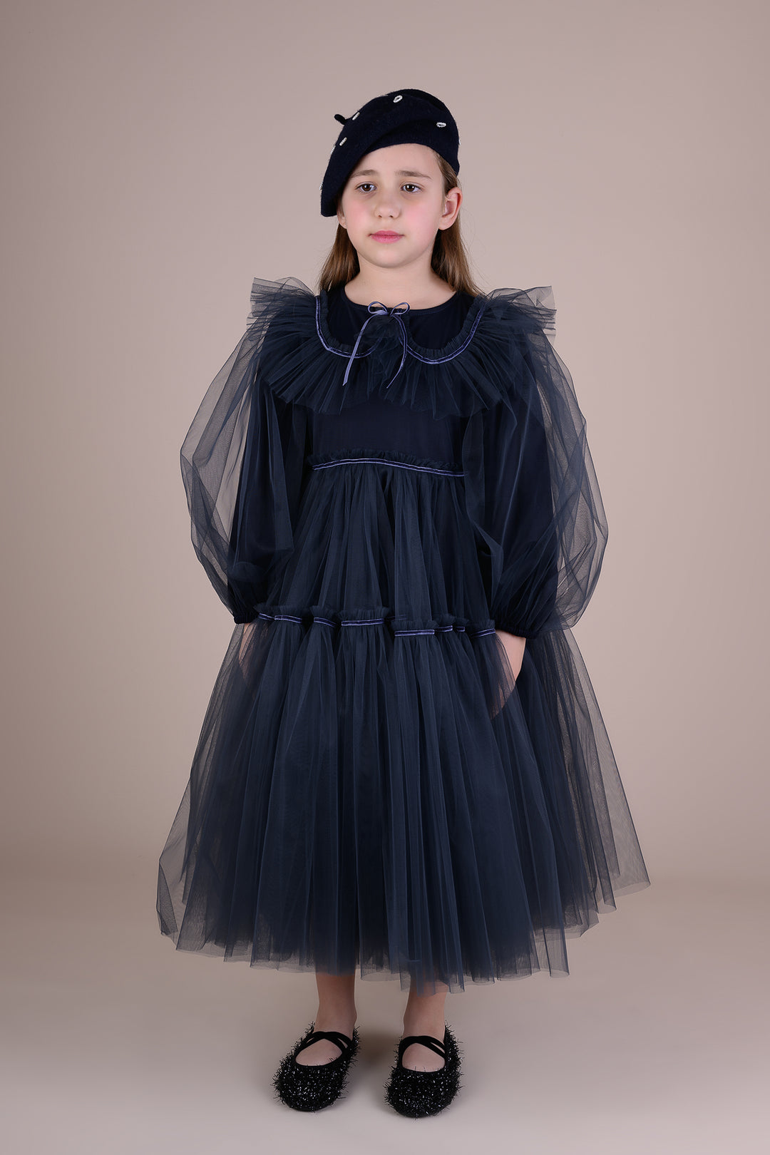 dress tulle tiered trimmed with collar - navy