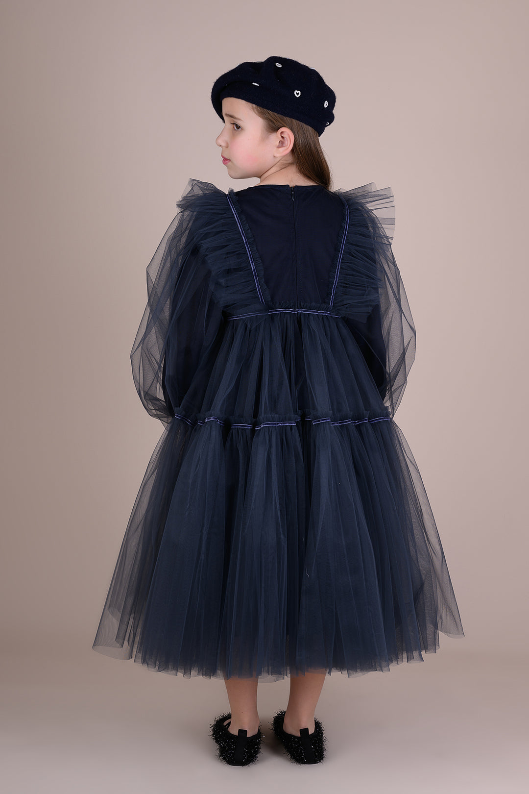 dress tulle tiered trimmed with collar - navy