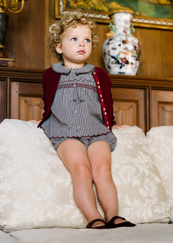 set outfit plaid smocked blouse and bloomers - soft gray plaid