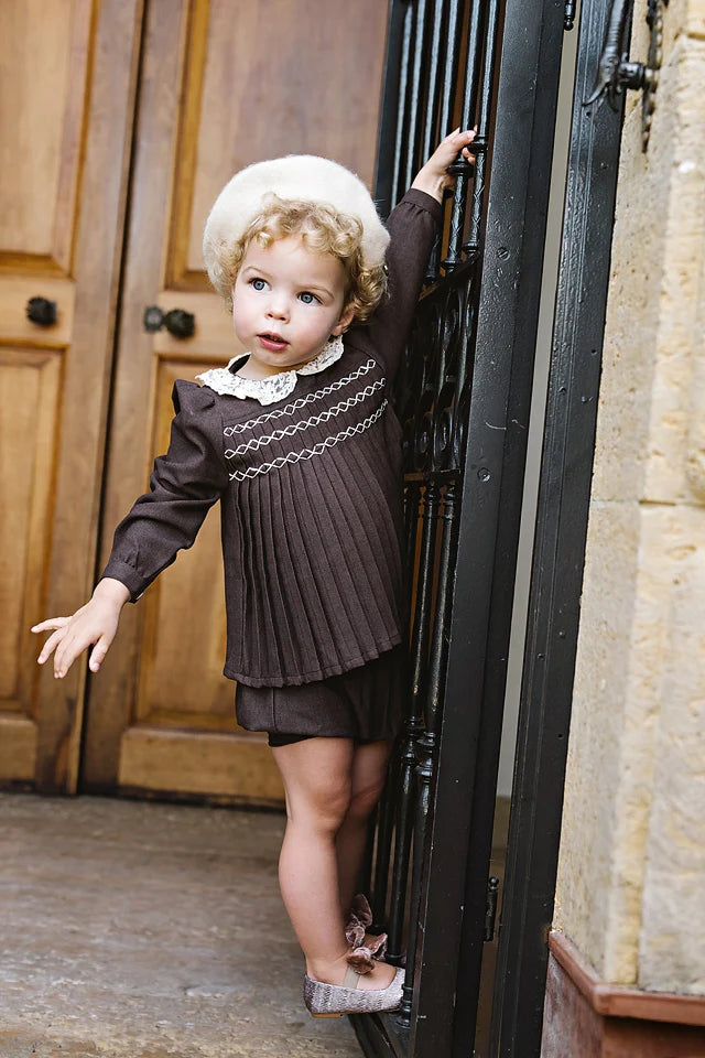 set outfit pleated lace trim blouse and bloomers - misty oat heather