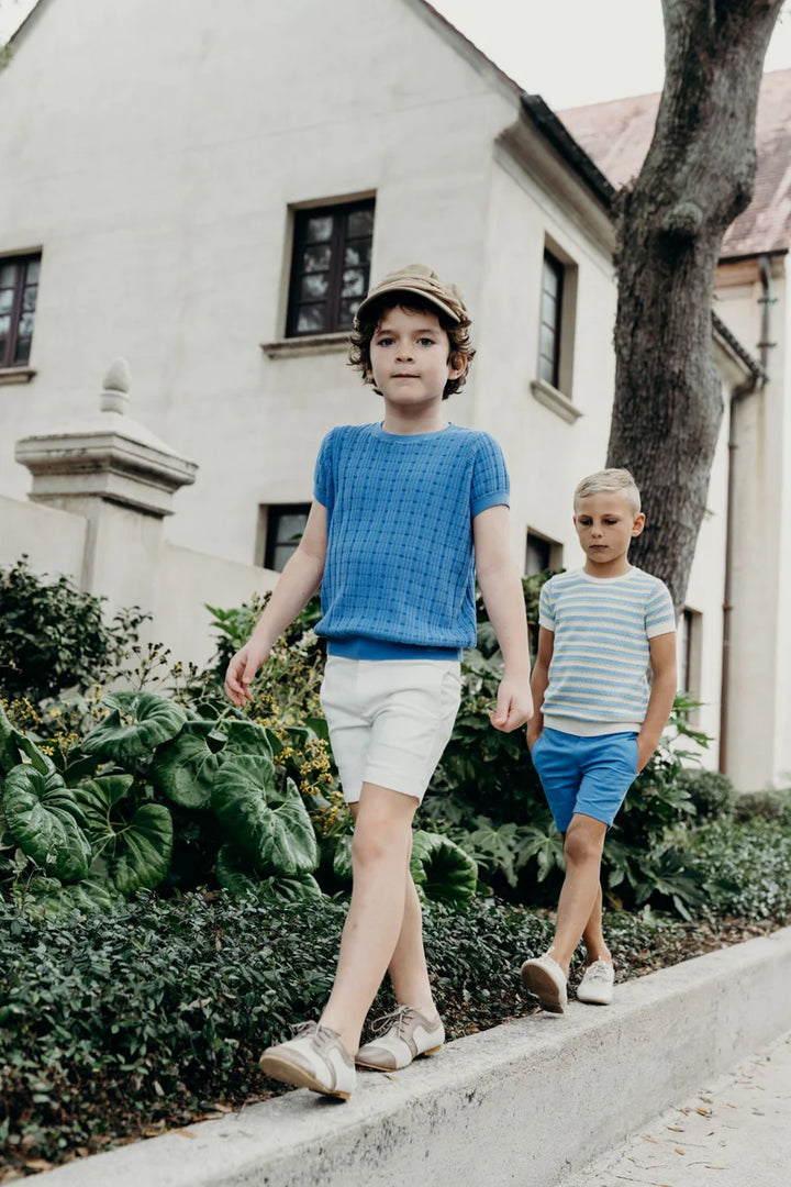 top s/s striped knit sweater - medium blue